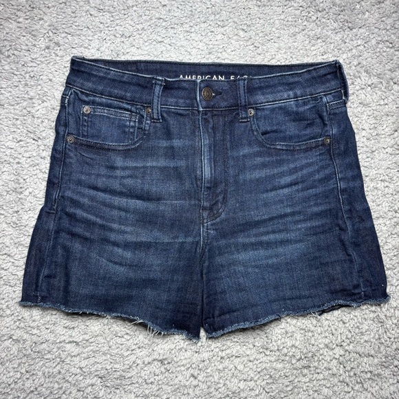 American Eagle Shorts Womens 6 Super Hi Rise Shortie Stretch Dark Wash Raw Hem - Picture 1 of 5